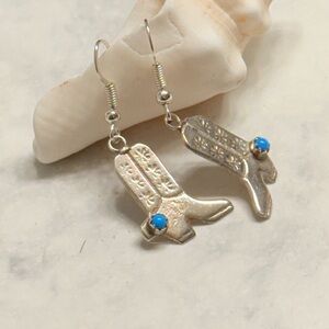 Silver Cowboy Boot Dangle Earrings with Blue Accents